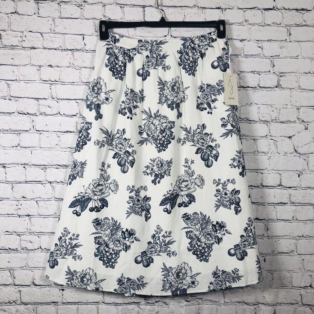 Joie Women's Pull On Tropical Floral Linen‎ Midi Blue And white Skirts Size  L